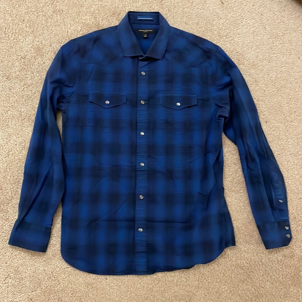 Banana Republic blue shadow-plaid slim-fit snap shirt